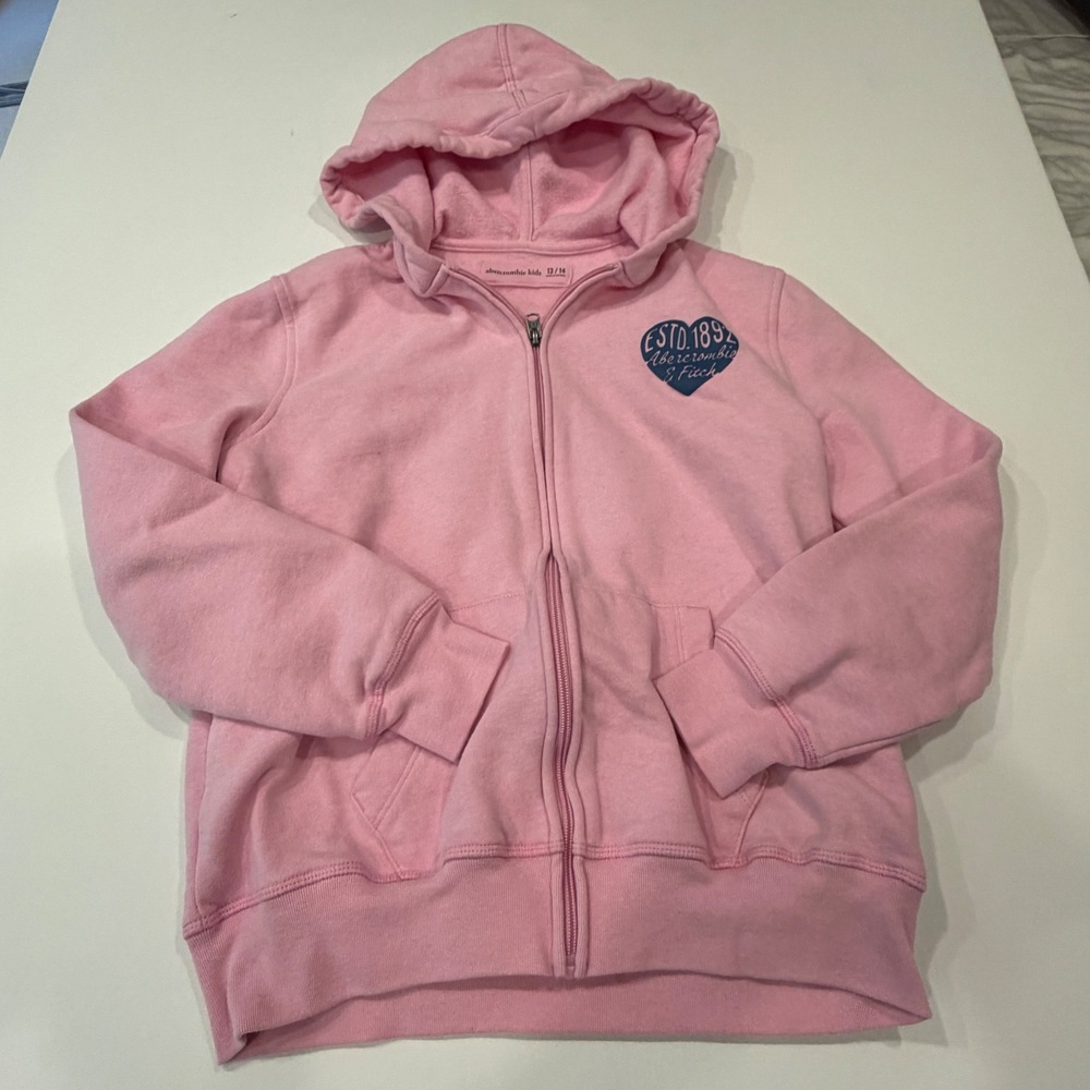 Abercrombie Kids Girls 13/14 Pink Heart Logo Full Zip Hoodie Y2K Preppy